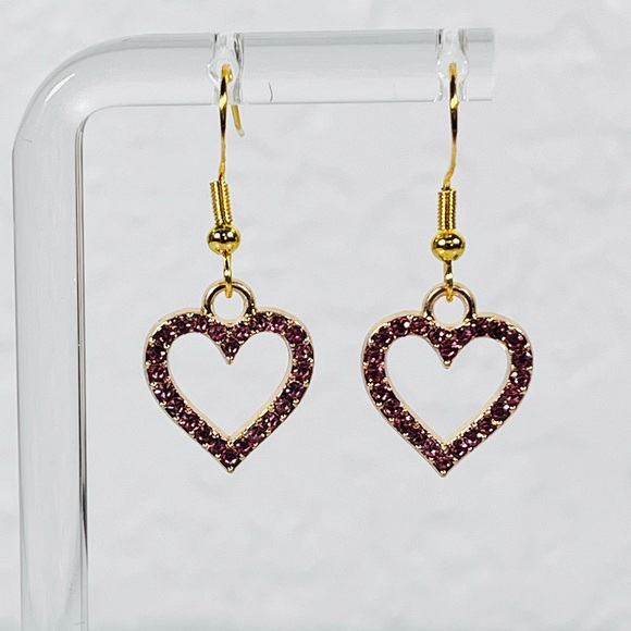 Hand Crafted Jewelry - Pink Rhinestone Heart Earrings In Gold Tone